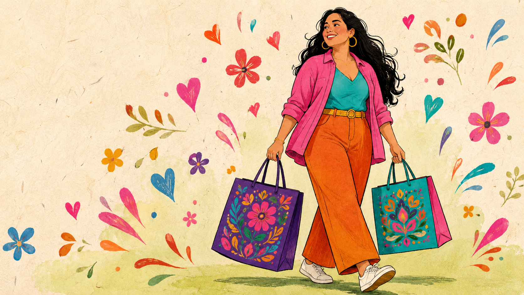 Colourful illustration of a woman carrying shopping bags, surrounded by flowers and hearts